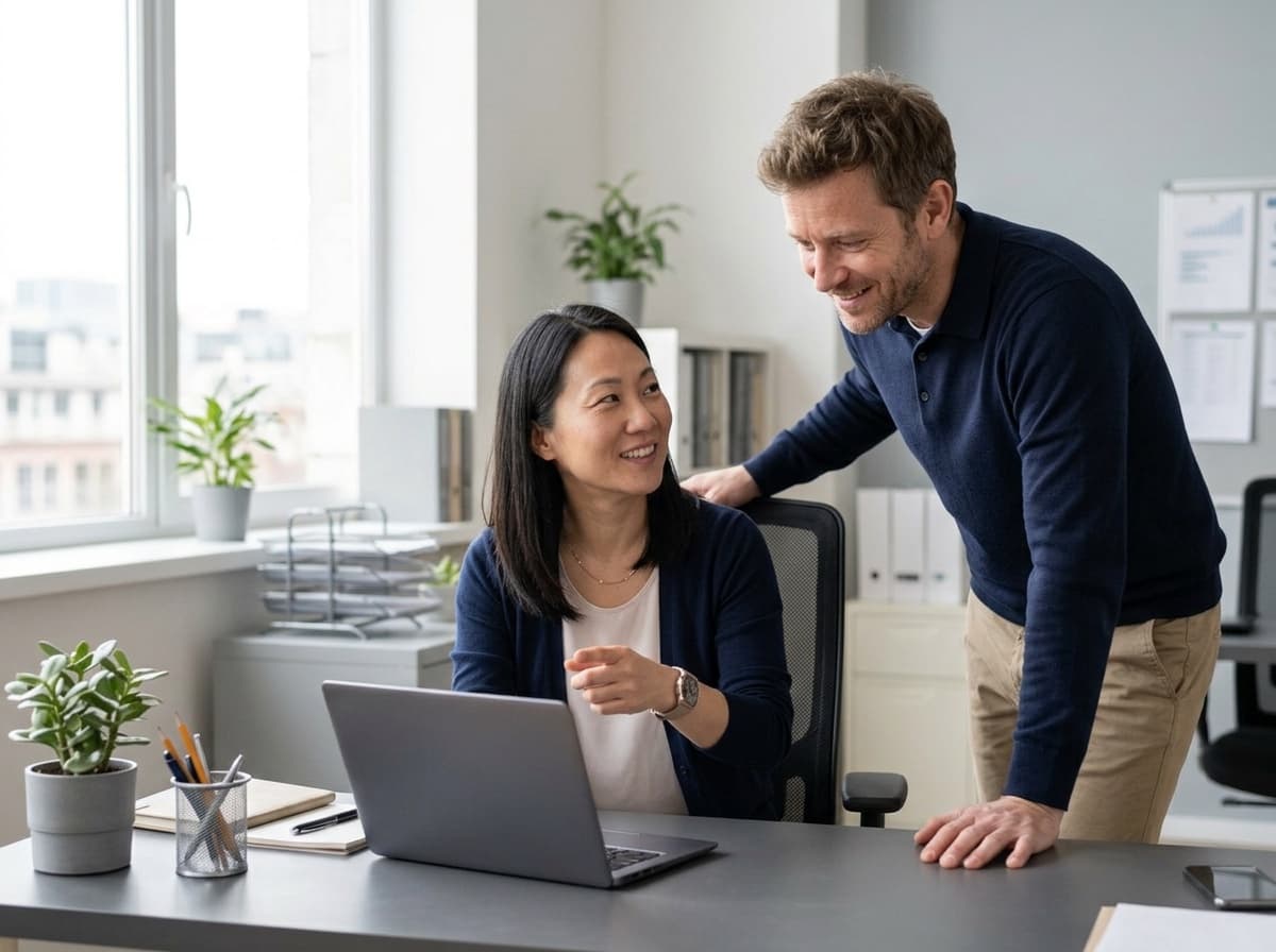 A woman shows something on her laptop to a colleague. Both are smiling.
