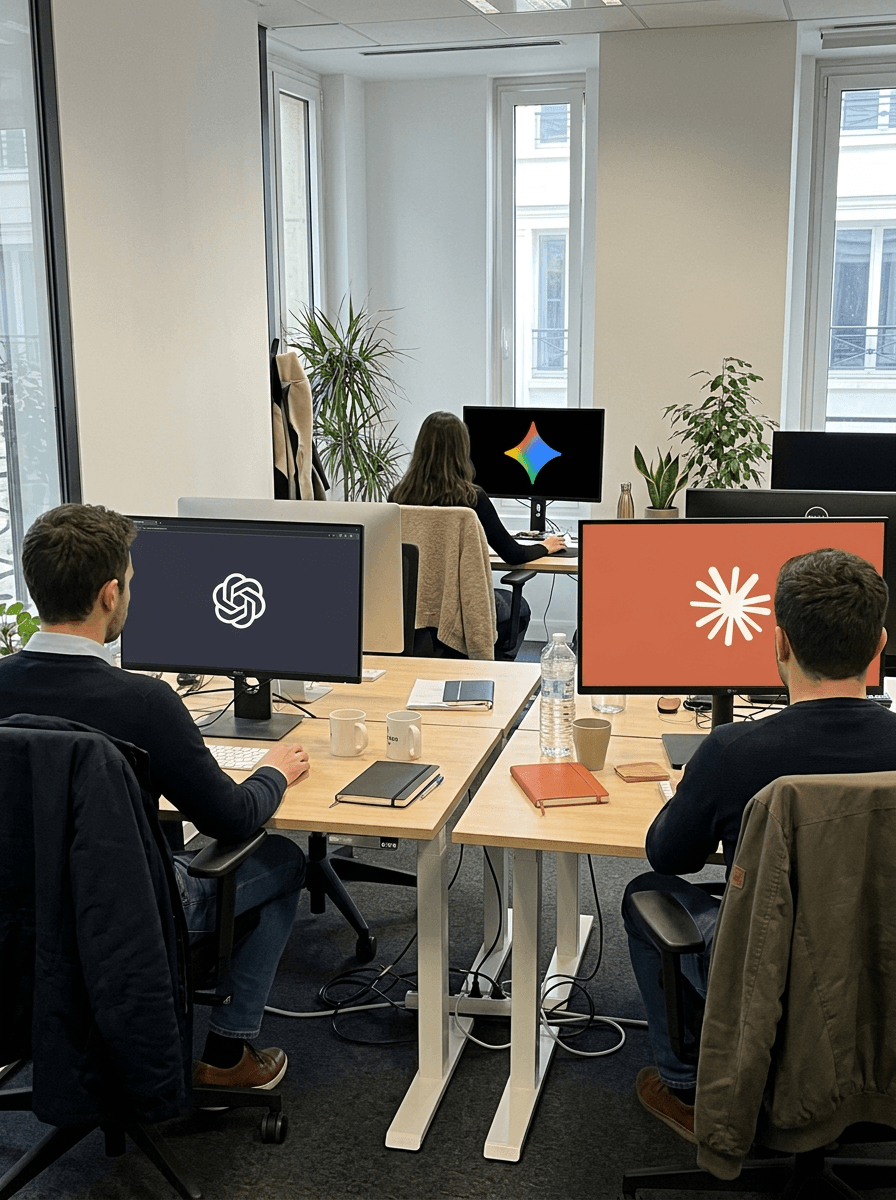 Three colleagues in the same office, each at their own screen: ChatGPT, Gemini and Claude.