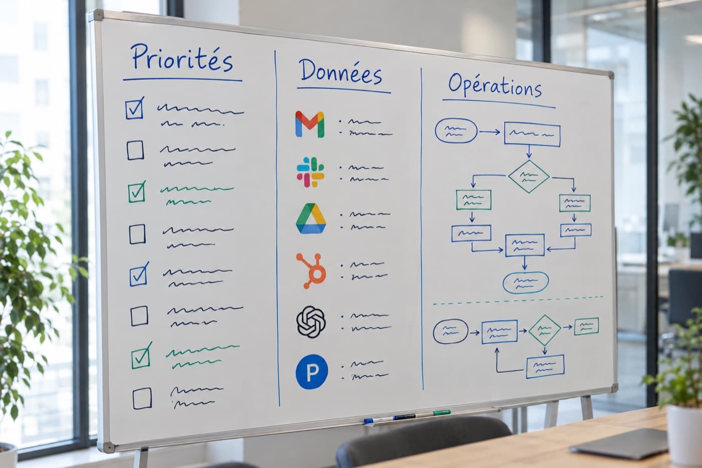 A whiteboard split into three columns: Priorities, Data, Operations.