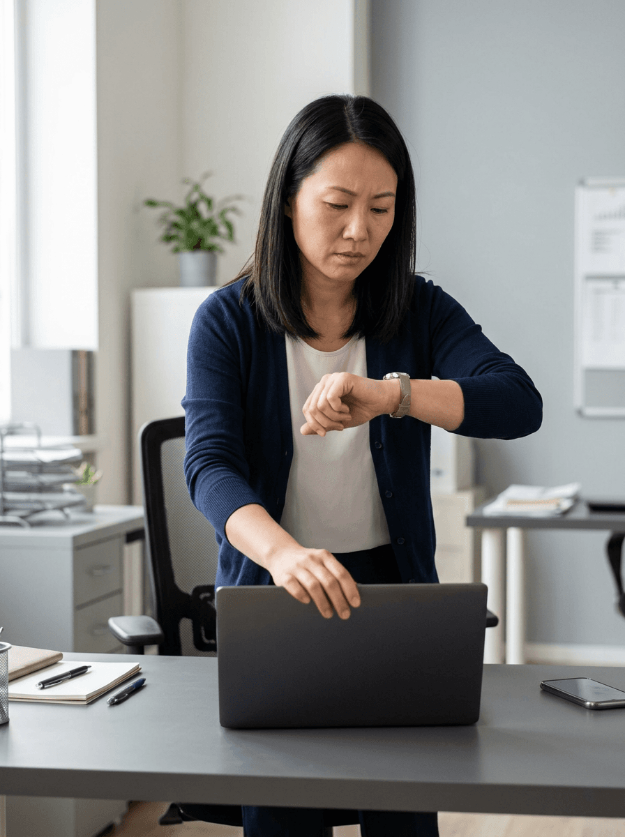 An Asian woman gets up from her desk, looking at her watch, one hand resting on her closed laptop.